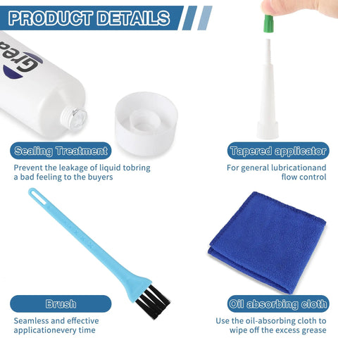 Multi Purpose Drawer Slide Lubricant And Grease For Cabinets Hinges Tracks Bearings Gears And Garage Doors With Cleaning Cloth Applicator And Brush shown with components and descriptions