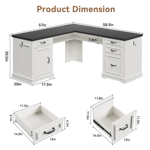 L Shaped Executive Desk With Four Drawers And Charging Station, black white finish, dimensions with open drawers shown