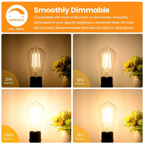 Dimmable LED Edison Style Filament Bulbs 100W Incandescent Equivalent 8W 1200 Lumens E26 Base 2700K showcasing brightness settings
