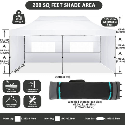 Front view of Beast 10x20 Heavy Duty Pop Up Canopy With 6 Sidewalls Windproof And Waterproof All Season Commercial Outdoor Wedding Party Tent with dimensions and features shown.