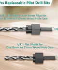 HYCHIKA 19‑pc hole saw kit with 2 replaceable pilot bits; 3/8" and 1/4" flat-shank for wood holes 32–152 mm and 19–31 mm.