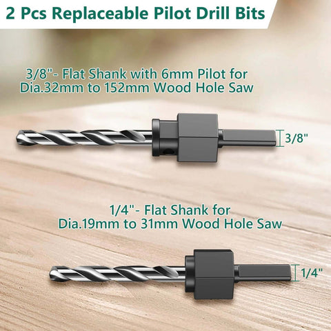 HYCHIKA 19‑pc hole saw kit with 2 replaceable pilot bits; 3/8" and 1/4" flat-shank for wood holes 32–152 mm and 19–31 mm.