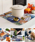 Fall Thanksgiving Dish Drying Mat 16 X 18 Inches Purple Pumpkin Leaves Wood Grain Design with kitchen utensils and pot