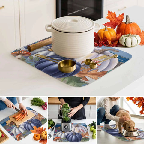 Fall Thanksgiving Dish Drying Mat 16 X 18 Inches Purple Pumpkin Leaves Wood Grain Design with kitchen utensils and pot