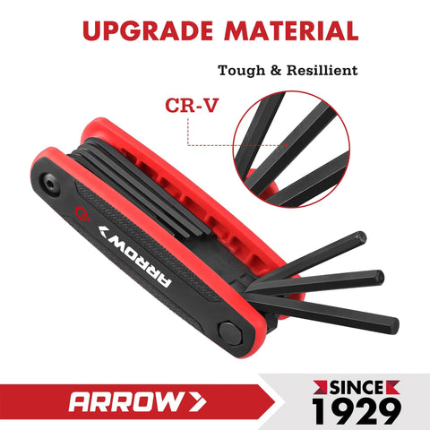 Folding 17 Piece Allen Wrench Set with SAE and Metric Hex Keys, Cr-V Steel, red and black multitool showing chamfered edges.