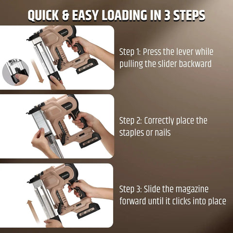 Real Badass Cordless 2 In 1 Brad Nailer And Stapler 18 Gauge loading instructions showing steps for nail and staple placement.