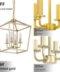Built Tough Industrial Four Light Chandelier With Killer Gold Lantern Pendant And Rustic Metal Cage, close-up of painted gold finish.