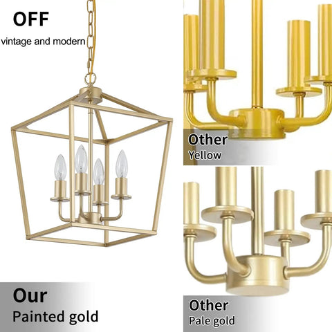 Built Tough Industrial Four Light Chandelier With Killer Gold Lantern Pendant And Rustic Metal Cage, close-up of painted gold finish.