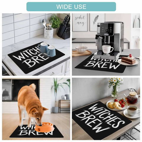 Spooktacular Black Witches Brew Coffee Station Mat Featuring Quick Dry Absorbent PU Material Designed For Kitchen Counter Espresso Machine Setup 28 By 18 Inch Halloween Spill Proof Drip Catch Pad with mugs and espresso maker.