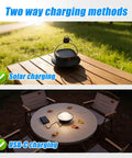 Go To Outdoor Solar LED Camp Lantern With 350 Lumens Of Soft Eye Friendly Light And Frosted Shade 2000mAh Rechargeable Battery 5 Lighting Modes IP67 Waterproof Lightweight And Compact For Camping Hiking Fishing Or Emergency Use with solar and USB charging options on outdoor table