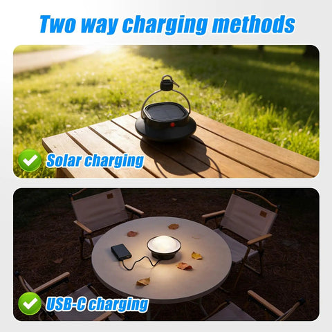Go To Outdoor Solar LED Camp Lantern With 350 Lumens Of Soft Eye Friendly Light And Frosted Shade 2000mAh Rechargeable Battery 5 Lighting Modes IP67 Waterproof Lightweight And Compact For Camping Hiking Fishing Or Emergency Use with solar and USB charging options on outdoor table