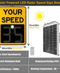 Solar Powered Radar Speed Sign With 60W And 70W Solar Panel For Eco Friendly Highways And Roads 24 GHz K Band LED Speed Display IP56 Weatherproof 0 To 300 MPH Detection White 20 By 28 Inch shown with measurements and specs.