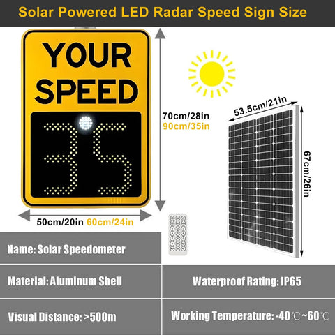 Solar Powered Radar Speed Sign With 60W And 70W Solar Panel For Eco Friendly Highways And Roads 24 GHz K Band LED Speed Display IP56 Weatherproof 0 To 300 MPH Detection White 20 By 28 Inch shown with measurements and specs.