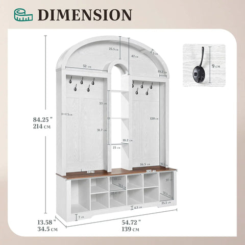 59 Inch Hall Tree With Shoe Storage And Built In Bench Arched Entryway Drop Zone With Coat Rack Ten Shoe Cubbies And Ten Coat Hooks