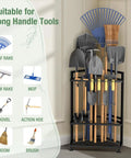 Corner Triangular Garden Tool Organizer For Long Handled Tools And Rakes Brooms Heavy Duty Steel Yard Tool Storage Rack for Garage Shed And Outdoor Use Durable All Metal Construction With Space Saving Corner Design For Tight Spots.