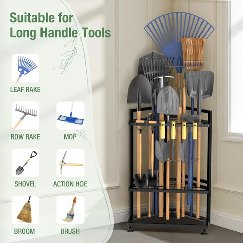 Corner Triangular Garden Tool Organizer For Long Handled Tools And Rakes Brooms Heavy Duty Steel Yard Tool Storage Rack for Garage Shed And Outdoor Use Durable All Metal Construction With Space Saving Corner Design For Tight Spots.