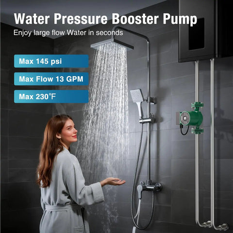 Heavy Duty Hot Water Recirculating Pump With Gutsy 130 Watt Motor And One Inch FNPT Flange Kit For No Sweat Setup Plus Smooth Dial Adjustment For Straight From Tap Instant Hot Water in a modern bathroom shower