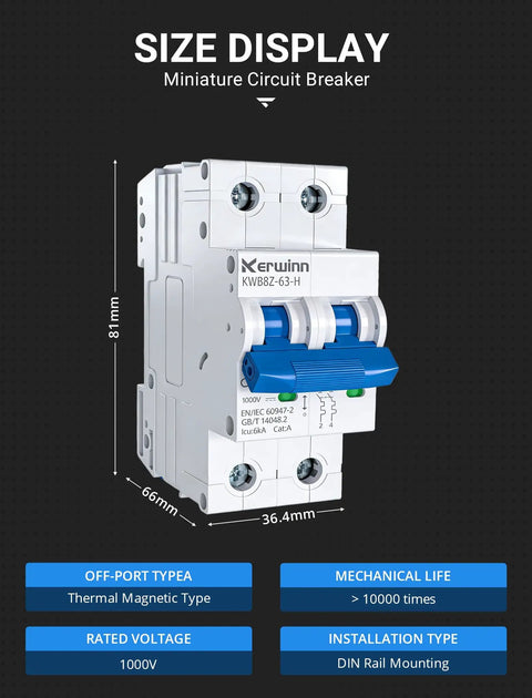 Front view of DC Small But Mighty Miniature Circuit Breaker 1000V Non Polarity 2 Pole 32A MCB With DIN Rail Mount for solar power systems.