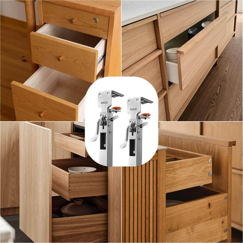 Two Pack Drawer Front Installation Clamps With Quick Install Clips next to wooden drawers and cabinets, 21-50mm adjustable