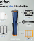 Replacement Parts Kit For Robot Vacuum Models AV2501S AV2511AE RV2502AE components with dimensions: brushroll, filters, brushes.