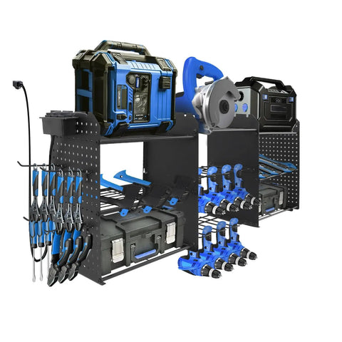 Heavy Duty Power Tool Organizer With Built In Charging Station And 200 Pound Load Capacity Three Tier Wall Rack Eight Drill Holders Two Side Pegboards And Extra Hooks For A Super Handy Garage Or Workshop shown with tools and accessories mounted on vertical rack
