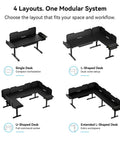 Modular Electric Standing Desk Featuring Expandable L Shaped Layout For Makers And Tech Crews with four layout options.