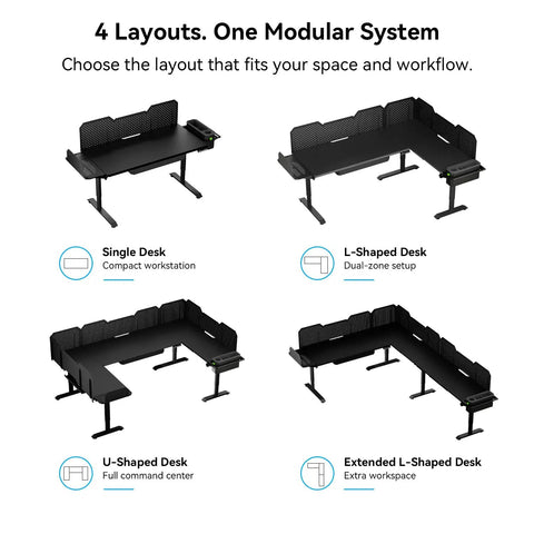 Modular Electric Standing Desk Featuring Expandable L Shaped Layout For Makers And Tech Crews with four layout options.