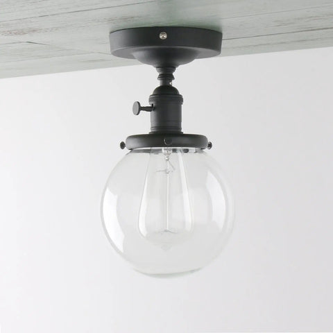 Slick Modern Semi Flush Mount Ceiling Light With Handblown Clear Glass Globe Shade, 1 Light Industrial Farmhouse Fixture, Black Finish