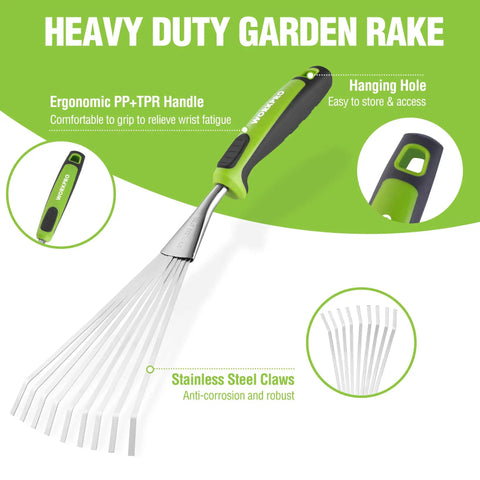 Handy 16 Inch Compact Stainless Steel Hand Rake With Soft Grip Handle Versatile Small Garden Rake For Delicate Plants Leaves Mulch Spreading And Light Soil Tilling In Narrow Beds And Flower Borders