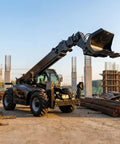 Heavy Duty Four Wheel Drive Telehandler Forklift With Extended Reach Boom For Smooth Material Moves And Pro Grade Lifting Projects Built Tough With Zero Sweat For Busy Job Sites, shown lifting materials at a construction site.