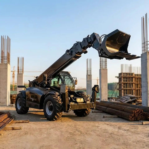 Heavy Duty Four Wheel Drive Telehandler Forklift With Extended Reach Boom For Smooth Material Moves And Pro Grade Lifting Projects Built Tough With Zero Sweat For Busy Job Sites, shown lifting materials at a construction site.