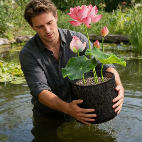 Man holding black planter with lotus, demonstrating 4 Pack Foldable Pond Plant Bags For Hyacinths And Lilies in a pond setting.