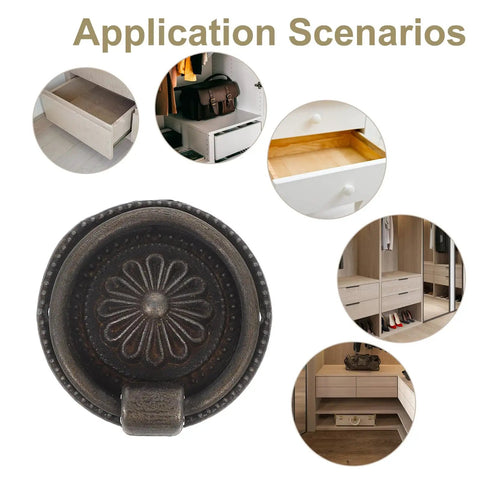 Old School Retro Zinc Alloy Pull Handles Set 12 Pieces Antique Drop Ring Cabinet Knobs For Wardrobe Dressers Drawers Jewelry Boxes European Style Furniture Hardware shown in various applications