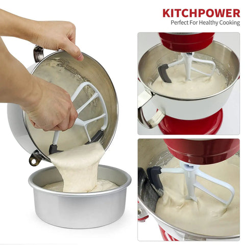 Flex Edge Beater For 6-Quart KitchenAid Bowl-Lift Stand Mixers Paddle Attachment in use, mixing and pouring batter from bowl.