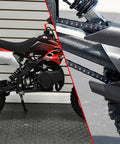 Split image showing a red-black pocket dirt bike on the left and a close-up of a drive chain on a gray frame on the right; two items.
