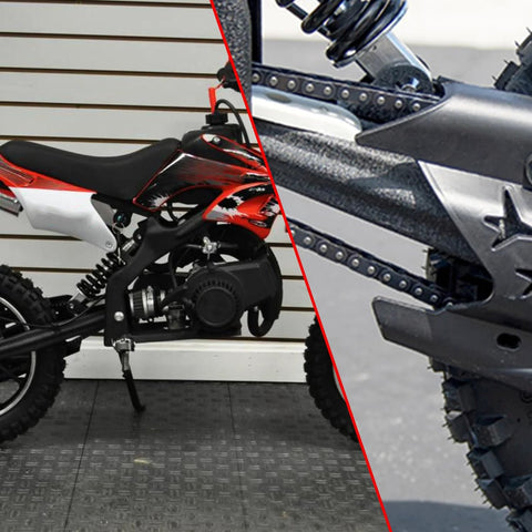 Split image showing a red-black pocket dirt bike on the left and a close-up of a drive chain on a gray frame on the right; two items.