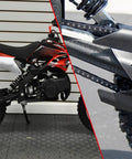 Mini dirt bike side view showcasing T8F Drive Chain 134 Links Heavy Duty for 49cc 50cc two-stroke mini bikes, highlighting the chain installation