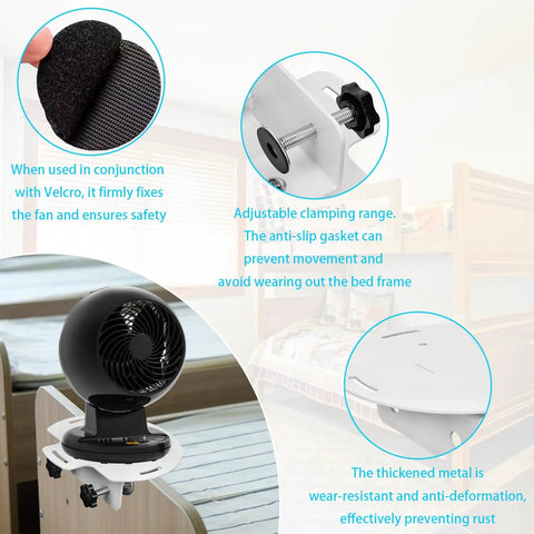 Universal Bed Fan Holder With Solid Grip Clamps Adjustable Bracket, features Velcro, adjustable clamping, and durable design for dorm use.