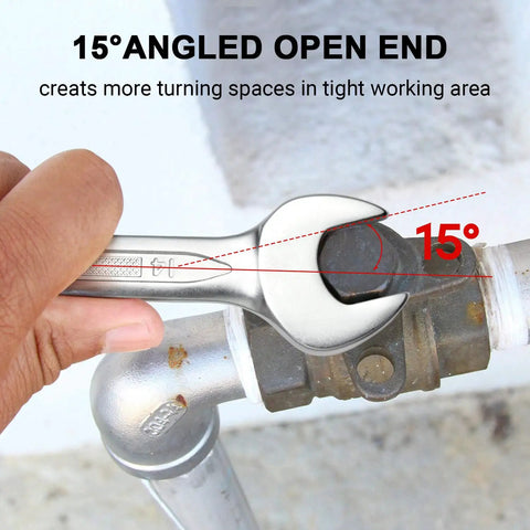 Beefy 24 Millimeter Metric Combination Wrench Built For Pros With 12 Point Box End And 15 Degree Offset in use on pipe