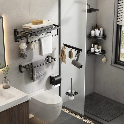 24 Inch Foldable Towel Rack With Movable Hooks And Towel Bar, Space Saving Wall Mount Shelf For Tiny Bathrooms, Rustproof Aluminum, Matte Black Finish in a bathroom setting.