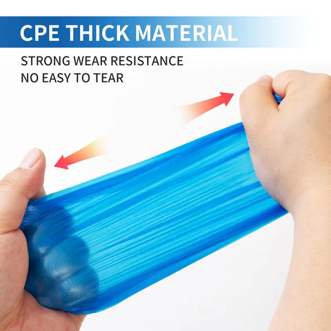 Hands stretching blue CPE material showing durability for Disposable Shoe Covers Large Pack 100 Count Waterproof Non Slip Bootie Covers