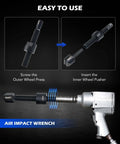 Dual Wheel Separator Tool Kit For Stuck Dually Wheels showing outer wheel press and inner pusher with air impact wrench