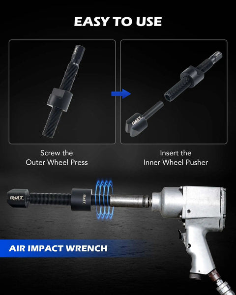 Dual Wheel Separator Tool Kit For Stuck Dually Wheels showing outer wheel press and inner pusher with air impact wrench