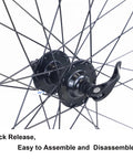 Close-up of MTB wheel hub with quick-release lever, part of 27.5 Inch MTB Wheel Sets With Aluminum Alloy Double Wall Rims Front And Rear