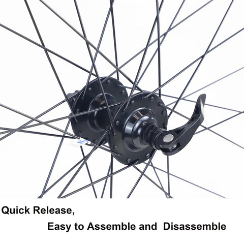 Close-up of MTB wheel hub with quick-release lever, part of 27.5 Inch MTB Wheel Sets With Aluminum Alloy Double Wall Rims Front And Rear
