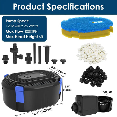 Diagram showing All In One Koi Pond Filter And Fountain Kit Perfect For 200 To 350 Gallon Ponds with 400 GPH pump and components.