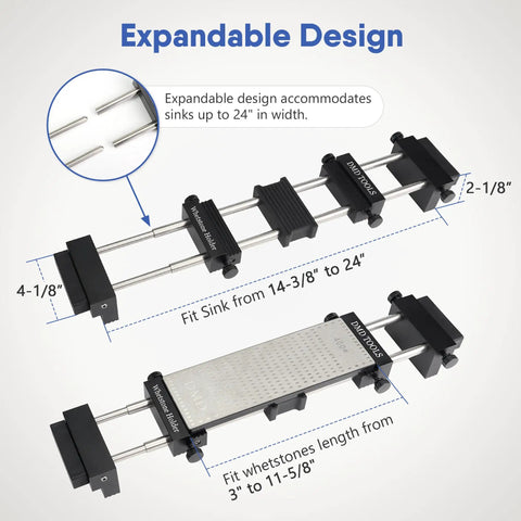 Adjustable Sink Bridge Whetstone Holder For Kitchen Sink Heavy Duty 304 Stainless Steel Base shown extended with measurements