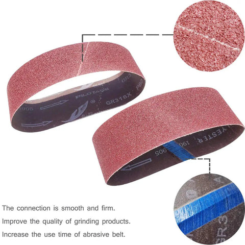 Close-up of 20 Piece 3x21 Inch Aluminum Oxide Sanding Belts Set with anti-static design showing abrasive texture and seam detail.