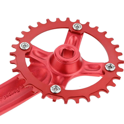 Close-up of Beefed Up Square Taper Crankset For Mountain Bikes, 170mm Crank Arm Set with 104 BCD, 32T Chainring and Bolts, Red Finish
