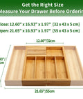 Natural Bamboo Utensil Drawer Organizer Expandable Cutlery Tray dimensions shown in closed and open positions with accurate measurements.